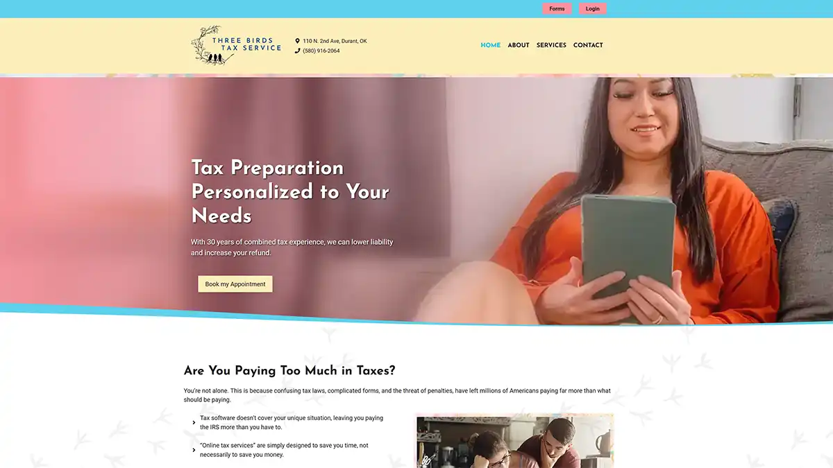 Screenshot of the website of Three Birds Tax Service